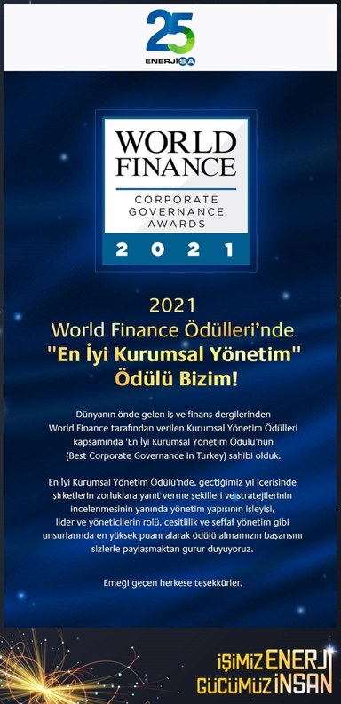 2021 World Finance Ödülleri’nde “En İyi Kurumsal Yönetim” Ödülü Bizim!