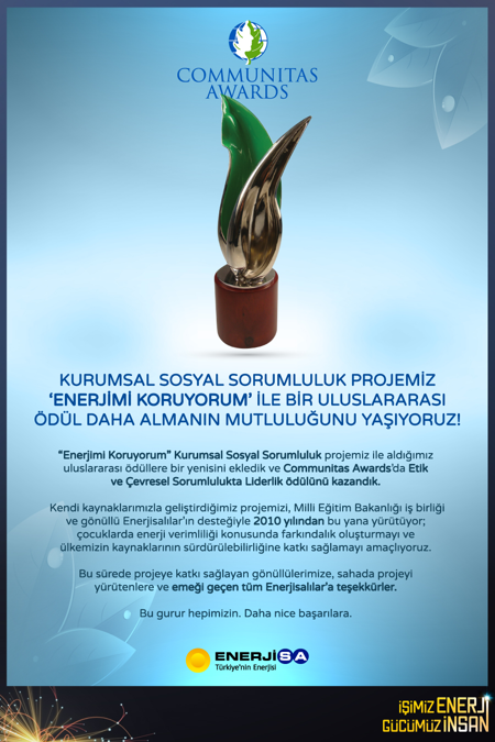 Kurumsal Sosyal Sorumluluk Projemiz “Enerjimi Koruyorum” ’a Bir Uluslararası Ödül Daha